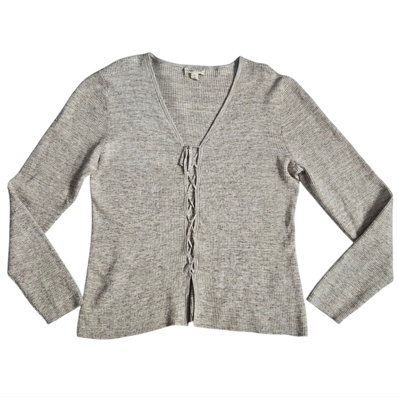 Open Edit Brown Ivory Spacedye Lace Up Top Size XL - Picture 2 of 7